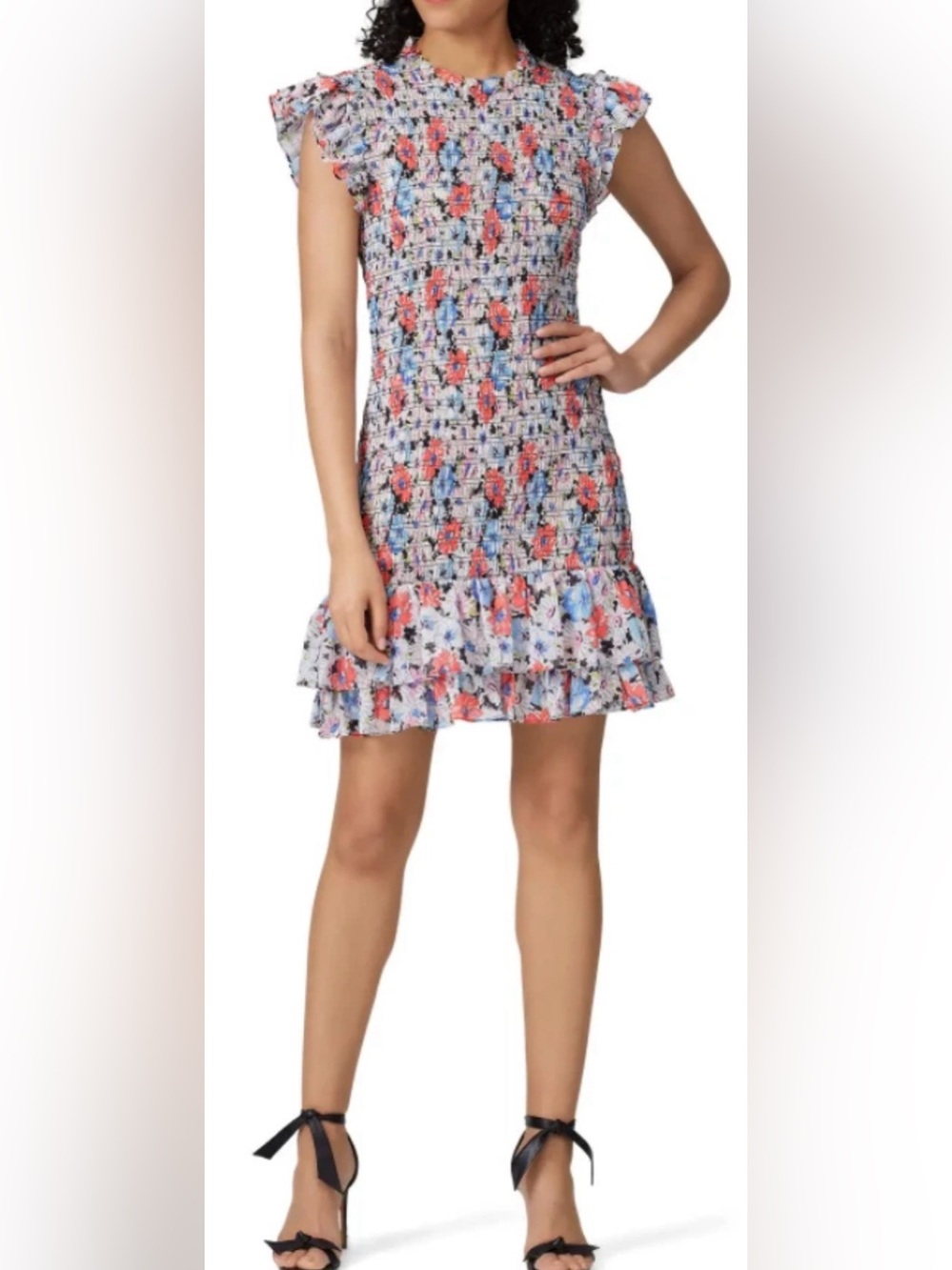 Veronica Beard Cici Floral Smocked Mini Dress Ruffle Hem